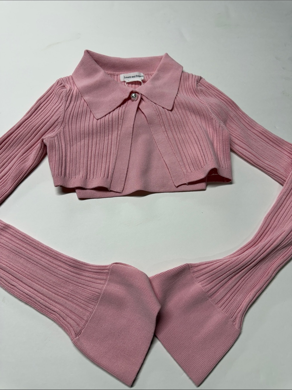 Lovers and friends Pink Ribbed Collared Cropped Knit Top